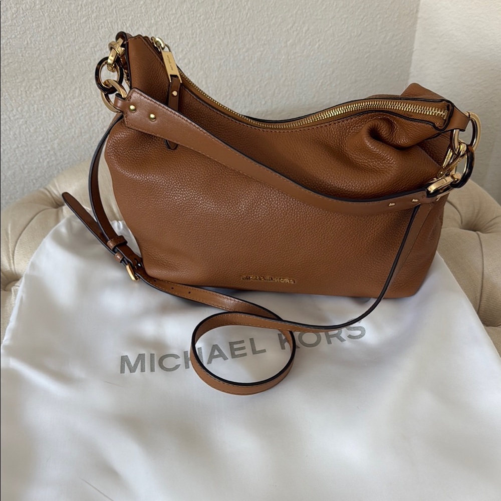 Michael Kors Brown Leather Shoulder Bag with Gold-Tone Hardware